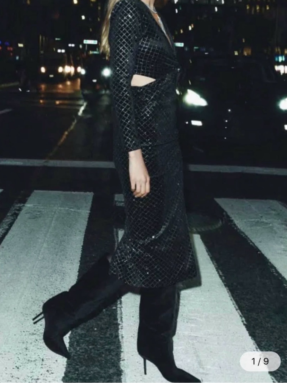 Zara Black Velvet Wrap Dress with Silver Grid Detail NWT